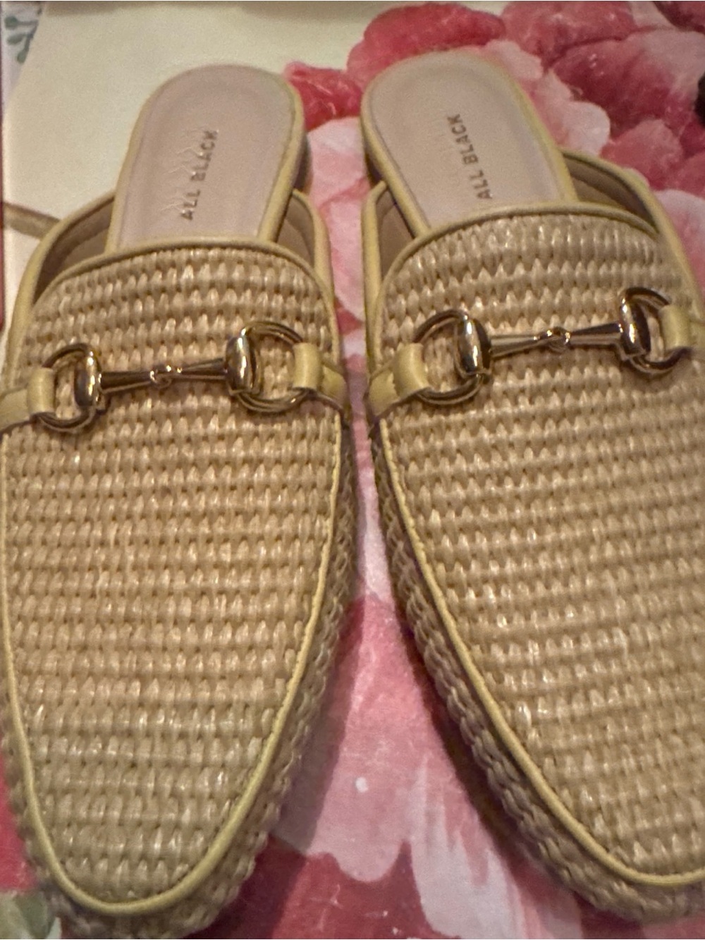 Black Women's Yellow Straw Mule Loafers with Gold Bit. Brand AllBlack lux